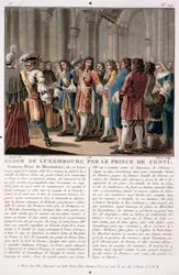 El Príncipe de Conti (1664-1709) elogia al Duque de Luxemburgo (1628-95) después de su victoria en la Batalla de Neerwinden (1693), grabado por Jean Baptiste Morret (fl.1790-1820), 1788